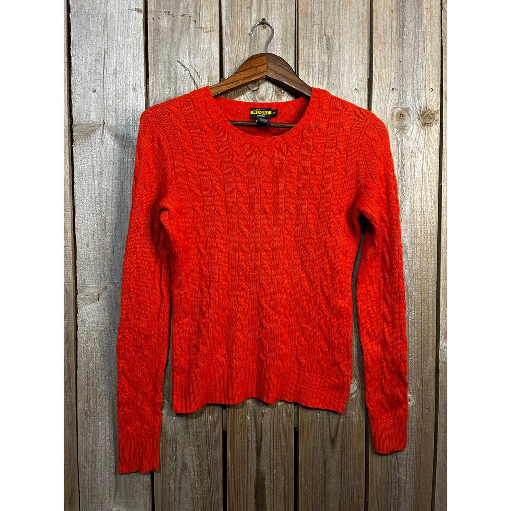 Ralph Lauren Rugby Orange Cable Knit Sweater Cashmere Lambswool Blend Womens M